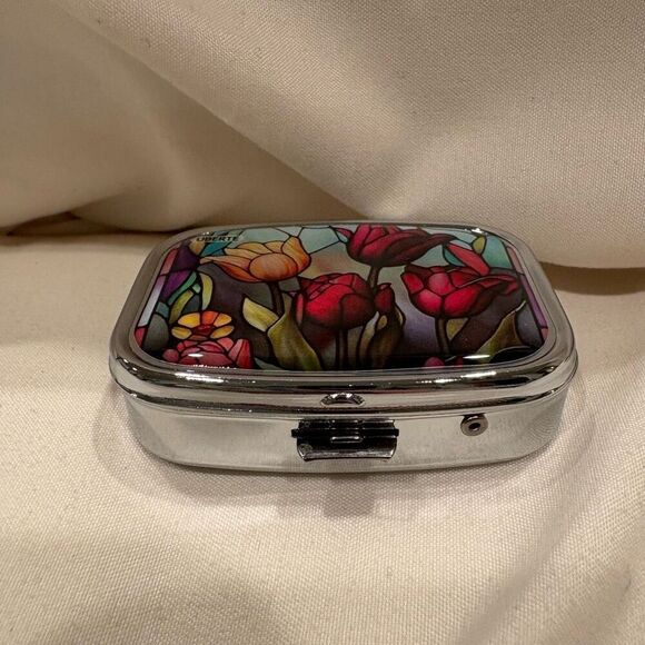 Stained Glass Tulips Flower Travel Pill Box 2 Compartment Medicine Pill Case NEW - Picture 3 of 4